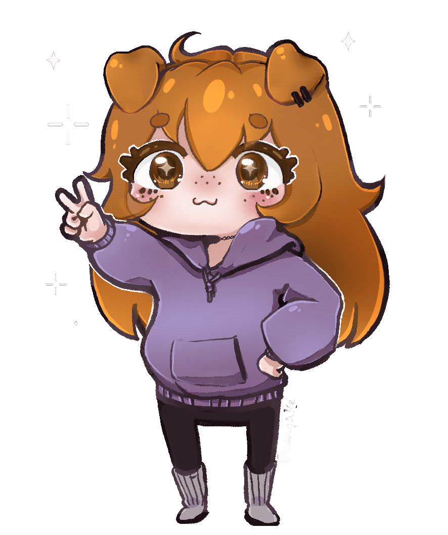 Chibi gif of Paanqake with puppy dog ears, a peace sign, and a blep with some animated sparkles.