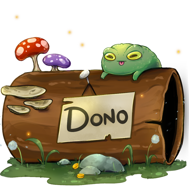A cartoon log with a frog and mushrooms on it, with a sign nailed to it labeled 'DONO'